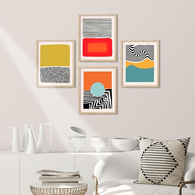 SIGNWIN Framed Mid-Century Modern 1980s Geometric Wall Art, Set of 4 Color Blocks Wall Decor Prints, Nature Wilderness Wall Décor for Living Room, Bedroom - 12"x16" Natural