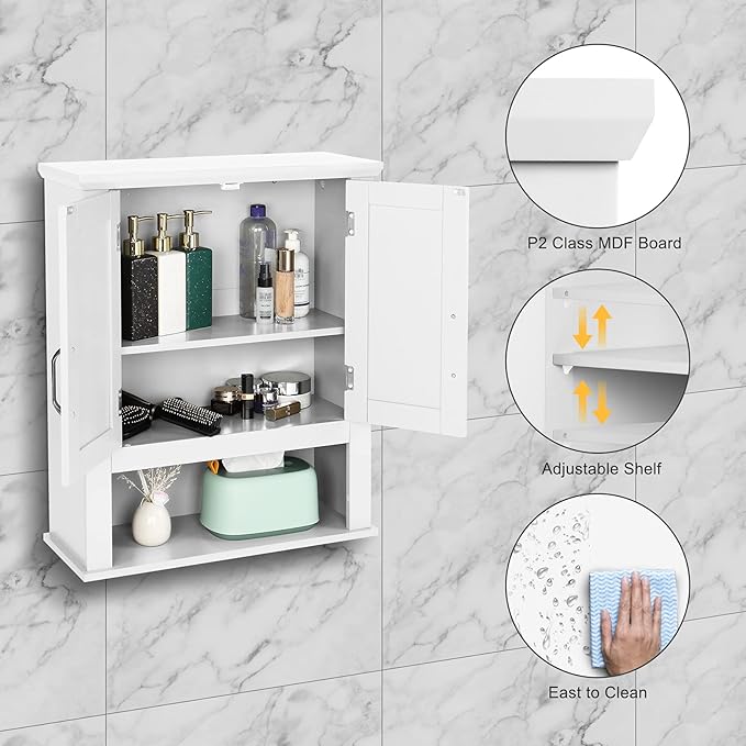 VINGLI Bathroom Wall Cabinet 21"x8.5"x25" Modern White Medicine Wall Mount Bathroom Cabinet Organizer Over The Toilet Storage with 2 Doors 1 Adjustable Shelf for Restroom Laundry Room Home Furniture