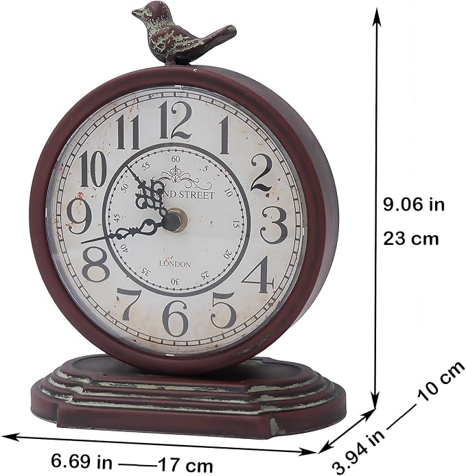 HZDHCLH Vintage Table Clock with Bird,Retro Mantel Clock Battery Operated,Metal Clock for Living Room Shelf Desk Table Fireplace Decor (Rufous)