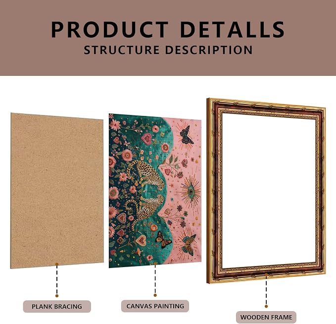 Mystical Leopard and Butterfly Wall Art with Gold Vintage Frame, Surreal Botanical Folk Art Print, Embroidery Style Boho Painting with Sacred Hearts and Cosmic Eye, Picture Wall Decor 12×16 Inch