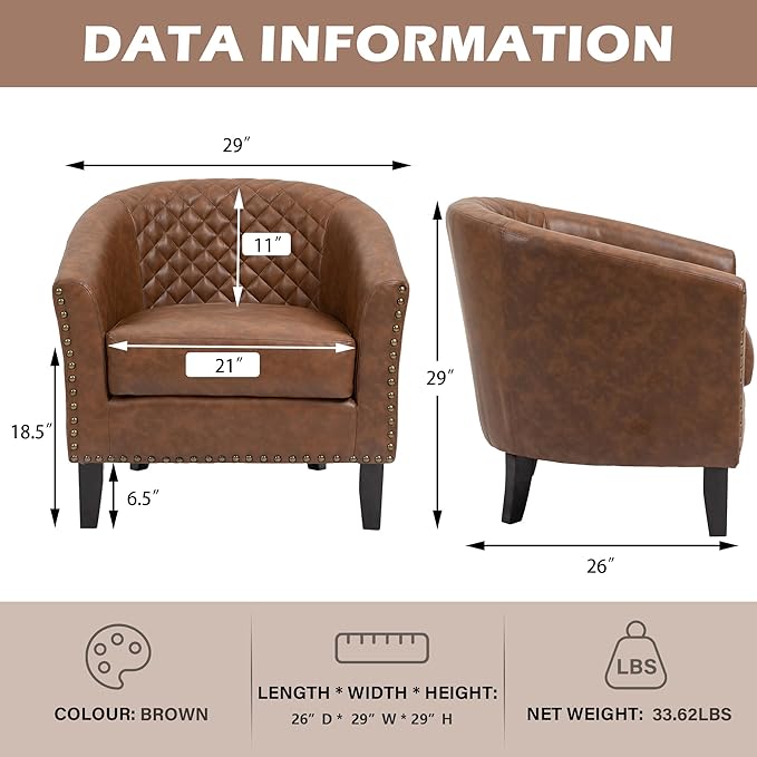 UIXE Faux Leather Barrel Accent Chairs Set of 6, Modern Club Upholstered Arm Chair, Comfy Armchair Nailed Trim Living Room Single Sofa Reading Seat Bedroom Side Sitting for Office, Brown