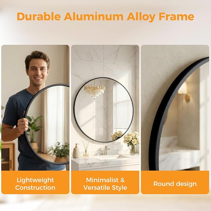 Sweetcrispy Round Bathroom Mirror for Over Sink, 20 Inch Wall Mounted Vanity Mirror with Matte Metal Frame, Decor for Bathroom, Entryway, Bedroom, Black