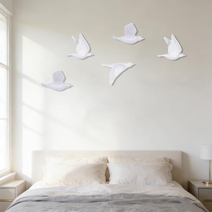 SHENGTIAN 3 Piece 3D Bird Wall Hanging - Wall Decor Flying Birds Wall Sculptures, Resin Relief Art Work for Home Wall Decor, Small Unique Wall Art with Adhesive (White)