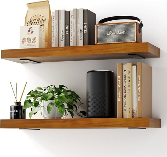 Solid Wood Floating Shelves 24'' Long, 8'' Deep Wall Mounted Shelves with Heavy Duty Brackets, Max Load 150 lbs, Wall Shelves for Bathroom Kitchen Living Room, 24 x 8 x 1.6 in, Walnut, Set of 2