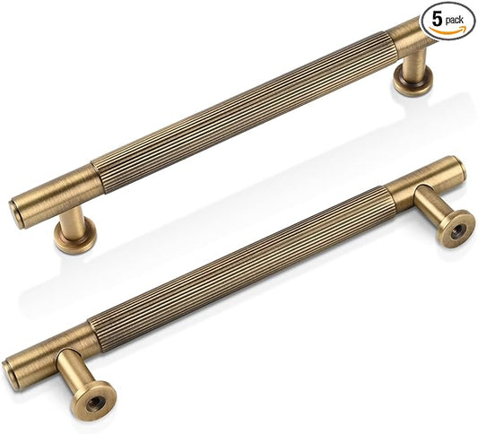 -5 Pack Antique Brass Kitchen Cabinet Pulls, 5 Inch Solid Brass Dresser Drawer Handles, Furniture Hardware Door Pulls for Cupborard Wardrobe Closet Vanity