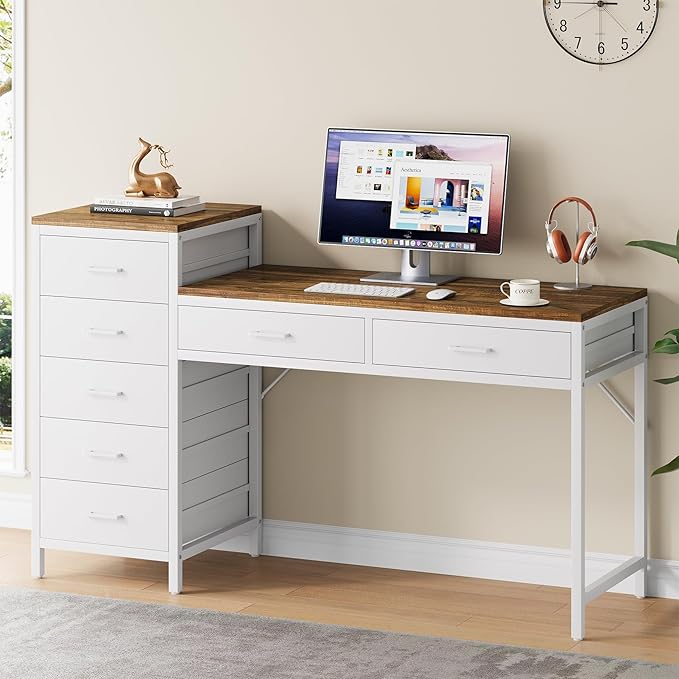 Computer Desk with Reversible Drawer, 55 inch Home Office Desks with 7 Drawers, Modern Compact Study Writing Table Workstation with Storage for Small Spaces, Light Brown and White