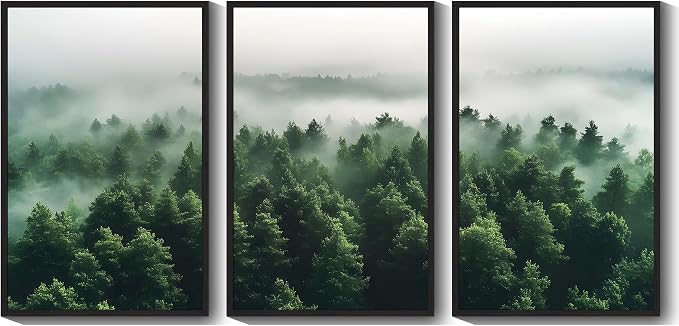 KUVIOKE Green Fog Pine Tree Framed Wall Art Nature Nordic Misty Forests Artwork Morden Painting Bedroom Decor 24x36in (Black Framed)