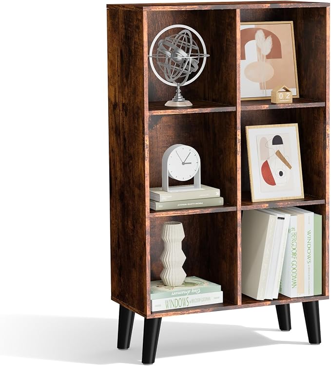 6 Cube Storage Organizer with Legs, 3 Tier Cube Low Bookcase Freestanding Storage Display Organizer for Home Office, Six-Cubes Open Shelf Bookshelf (Retro Brown, 6 Cube Vertical)