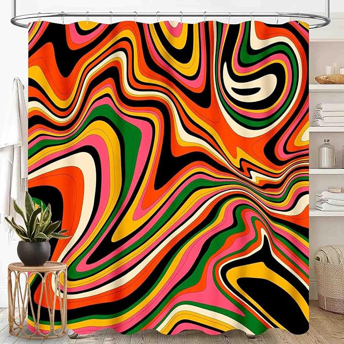 70s Groovy Shower Curtain, Vintage Retro Colorful Orange Wave Hippie Rainbow Abstract Swirl Aesthetic Boho Funky Trippy Bright Waterproof Fabric Bath Shower Curtain Set with Hooks, 72"x72" Inch