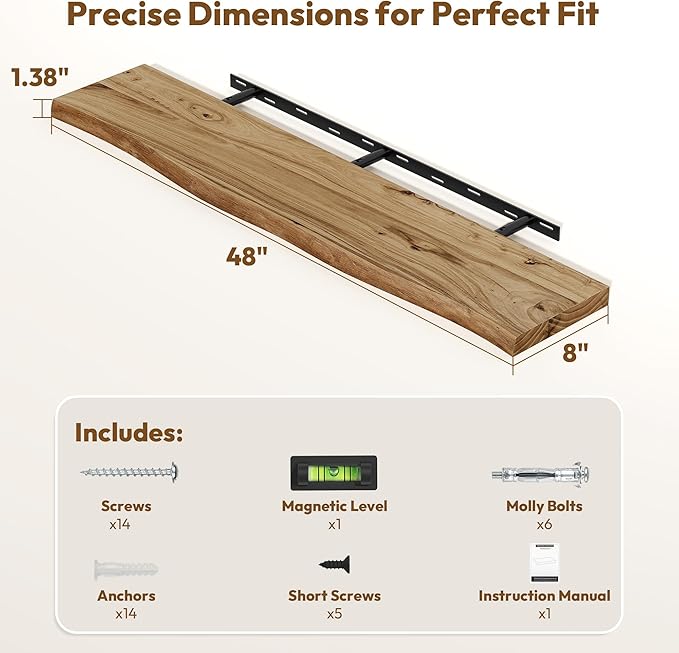 Vivelove Live Edge Floating Shelves Solid Wood, Elm Shelves for Wall with Invisible Bracket for Living Room Bedroom Bathroom Office Book, Rustic Farmhouse Wooden Shelf, 48 Inch Set of 1- Natural