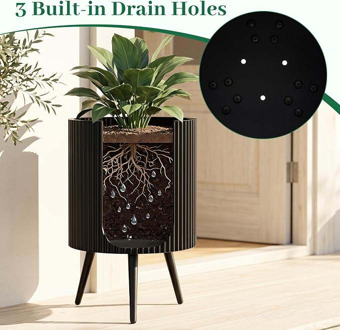 Giantex 16 Inch Plant Pot with Stand, Mid-Century Modern Fluted Planter with Built-in Drainage Holes, Metal Flower Pot with Tapered Legs for Living Room, Office, Porch, Garden