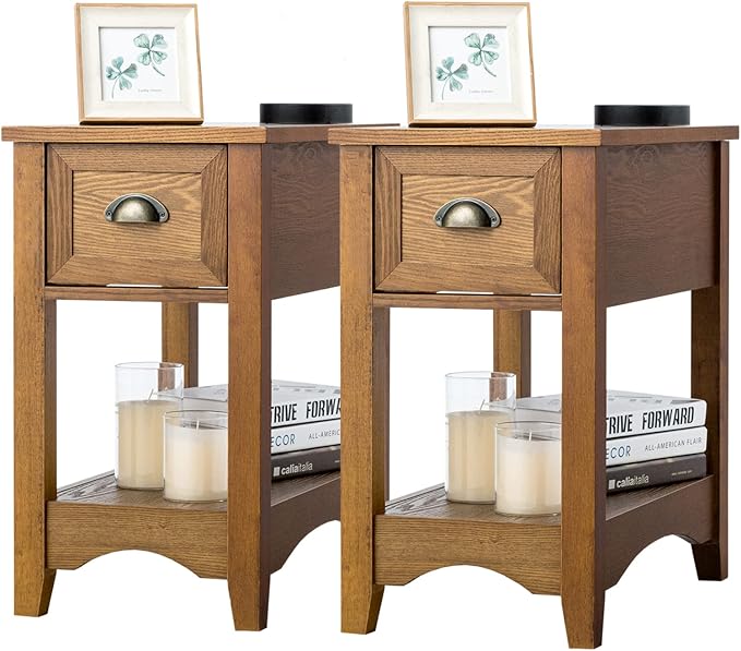 KOTEK End Table with Drawer and Open Shelf, Retro Narrow Side Table Nightstand w/Solid Wood Legs, Slim End Table for Small Space, Living Room, Bedroom, Home Office (Set of 2, Tawny)