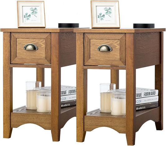 KOTEK End Table with Drawer and Open Shelf, Retro Narrow Side Table Nightstand w/Solid Wood Legs, Slim End Table for Small Space, Living Room, Bedroom, Home Office (Set of 2, Tawny)