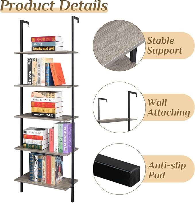 Karl home Ladder Shelf 5 Tier Wall Mounted Bookcase with Metal Frame, Open Design Shelves for Living Room, Bedroom, Home, Gray (23.62" L x 11.81" W x 70.87" H)