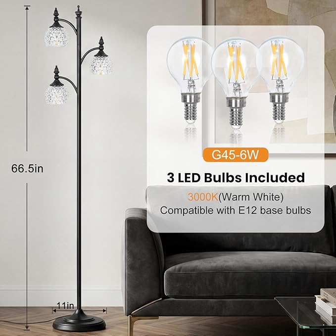 JUNNAI Glass Floor Lamp 66.5in Black Standing Lamps for Living Room with 3 Brightness Lights Vintage Retro Corner Lamp for Bedroom Office(3LED Bulbs Included)