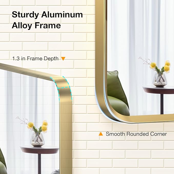 30x36 inch Gold Rectangle Bathroom Mirror, Brushed Gold Metal Framed, HD Tempered Glass, Anti-Rust Frame, Bathroom and Entryway Decor, Horizontal or Vertical Hanging