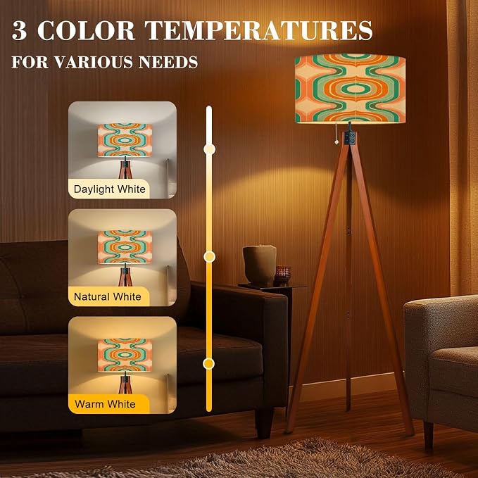 Wood Tripod Floor Lamp 50s Mid Century Modern Seamless Mid Century Standing Lamp Linen Shade Dimmable Modern Tall lamp Home Decor for Living Room Bedroom Office