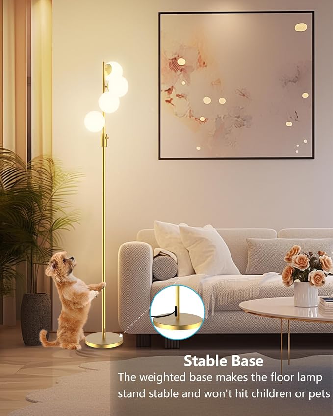 Gold Globe Floor Lamp Dimmable 64IN Tall Standing Lamps with Soft Warm White Eye Care 3000K G9 Bulbs, Mid Century Modern Floor Lamp with 5Lbs Heavy Base for Living Room Bedroom