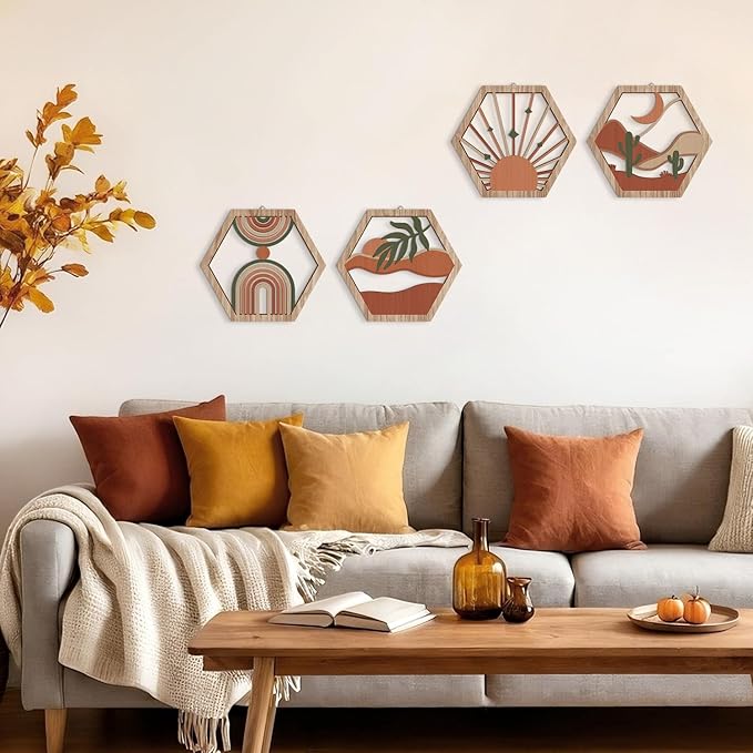 HPNIUB 4 Pcs Boho Wall Art Decor, Bohemian Geometric Hanging Wood Sign for Living Room, Aesthetic Abstract Desert Cactus, Minimalist Farmhouse Botanical Wooden Plaque for Apartment Bedroom(11''x9.8'')