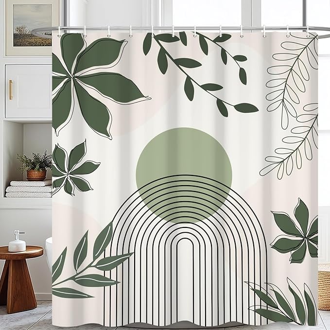 Boho Shower Curtain Modern Abstract Green Leaves Sun Bathroom Curtain Minimalist Geometric Arch Nature Fresh Decor Shower Curtain Waterproof Fabric with Hooks 72x78