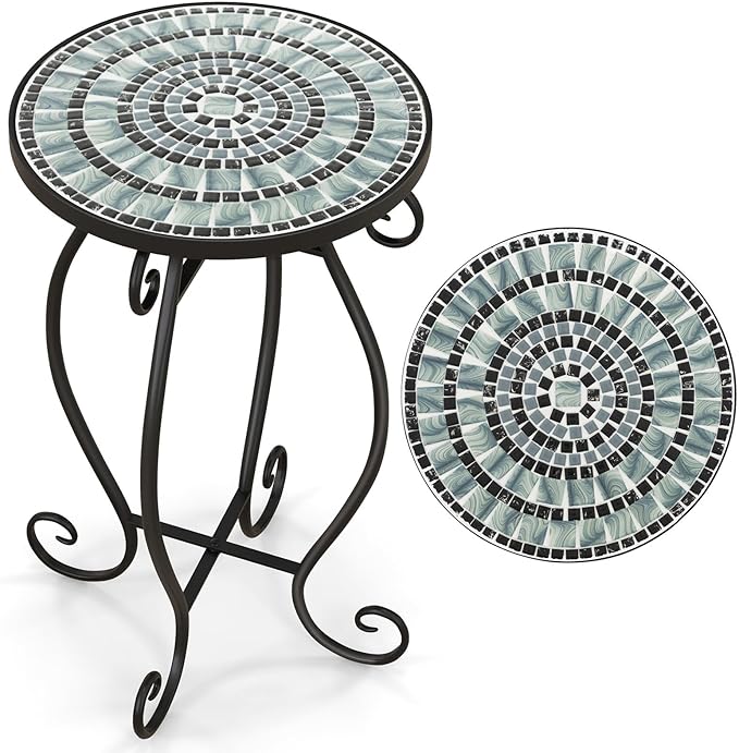 Giantex Outdoor Side Table, Mosaic Patio Table, 12 inch Accent Table Plant Stand Indoor, Ceramic Tile Top Metal Frame, Small End Table Porch Beach Patio Garden Balcony Poolside (Wave)