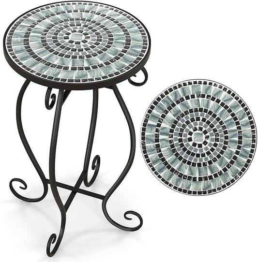 Giantex Outdoor Side Table, Mosaic Patio Table, 12 inch Accent Table Plant Stand Indoor, Ceramic Tile Top Metal Frame, Small End Table Porch Beach Patio Garden Balcony Poolside (Wave)
