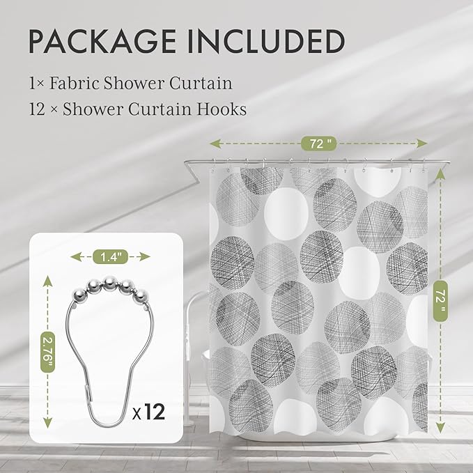 AmazerBath Grey Shower Curtain, Washable Cloth Gray Dots Shower Curtain Sets with 12 Metal Shower Curtain Hooks, Rustic Waterproof Farmhouse Fabric Shower Curtains for Bathroom Decor, 72x72 Inches