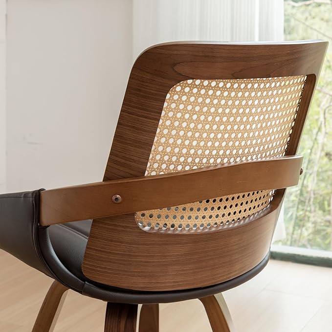 Set of 2 Mid Century Modern Chairs - Swivel Retro Walnut Dining Chairs with Ergonomic Cane Back, Curved Arms, Faux Leather Dining Chairs for Restaurant/Kitchen/Living Room (Walnut Brown)