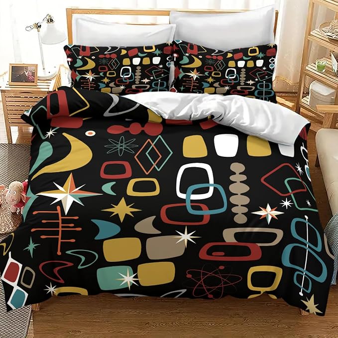 Modern Geometric Comforter Set,Retro Mid Century Colorful Diamond Abstract Geometric Vintage 60s 70s Pattern Bedding Set with Pillowcase for Bedroom Bed Decor,King 102"x90"