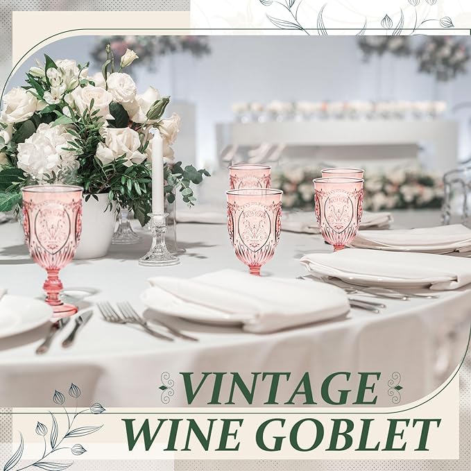 24 Pcs Plastic Goblets 7.5oz Vintage Goblet Plastic Wine Glasses Colored Retro Embossed Water Goblets for Wine Bar Juice Baby Shower Wedding Reception Grand Event Party (Pink)