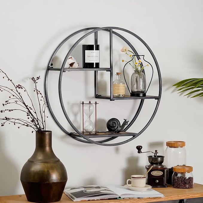 Industrial Style Round Wall Shelves - 3 Tier Metal Hanging Circle Floating Shelves for Bathroom Living Room Wall Decor, 21 Inch