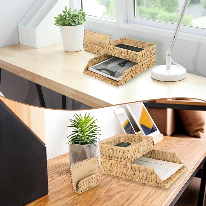 Woven Desk Organizer Letter Tray Set of 3, Water Hyacinth Paper Baskets for Organizing, Rattan A4 File Tray with Letter Sorter, Office Storage Rack for Files Mail Notebooks Stationery