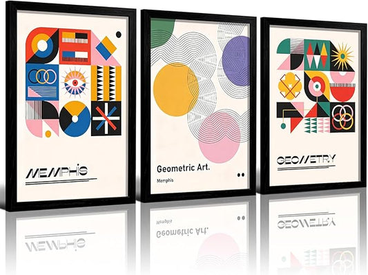 LIANGKESU Black Framed Geometric Wall Art Memphis Style Paintings Modern Abstract Colorful Canvas Prints Wall Decor for Living Room Bedroom Office 16x24 Inch