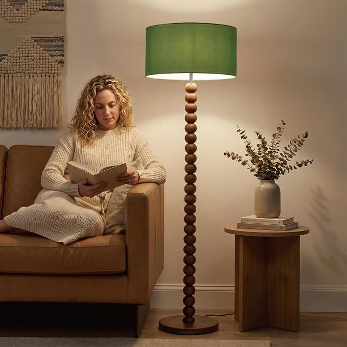 Buruis 61" Beaded Wood Floor Lamp with 17.2" Large Linen Shade, Retro Mid-Century Accent Walnut Finish Standing Lamp for Living Room, Bedroom, Office, Corner, UL Listed, Bulb Not Included, Green