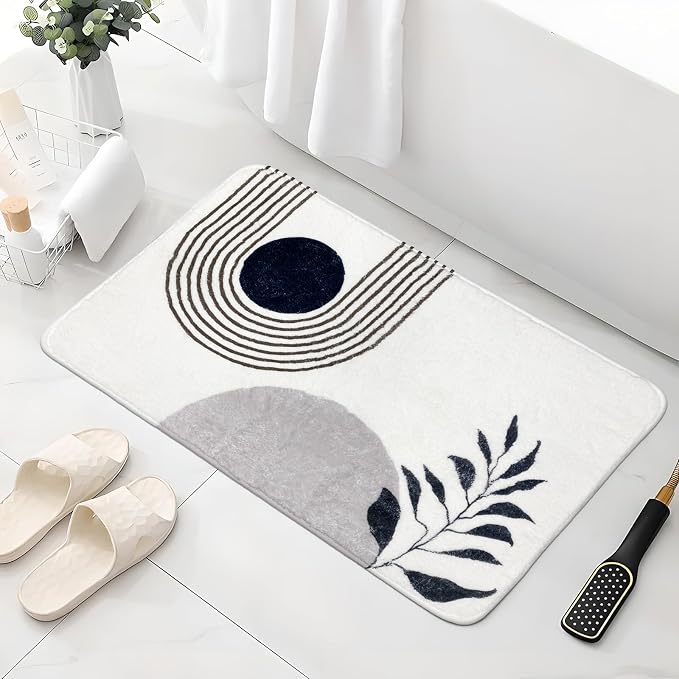 APROPHIC 17"X24" Boho Bath Rugs for Bathroom Decor Non-Slip Bath Mat Absorbent Plush Microfiber Soft Carpet Machine Washable Bath Mat for Bathrooms,Showers,Laundry Rooms,White and Black