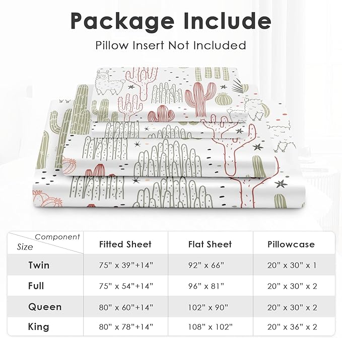 Pamnest Queen Size Bed Sheet Sets, Mexican Vintage Ivory Soft Microfiber 4 Pcs Bedding Sets for Kids and Adults Bedroom Bed Decor, Cactus Flower Floral Flat, Fitted Sheet and 2 Pillowcases