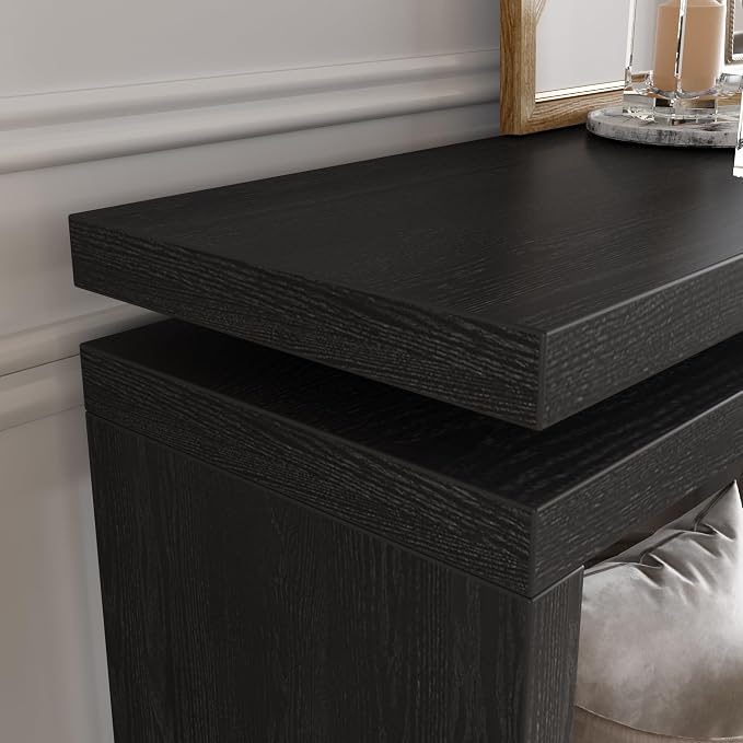Wood Console Table, 60" Retro Narrow Long Sofa Table Behind Couch with Double Board Suspension Design and Solid Wood Finish for Hallway Entryway Living Room Entrance, Black