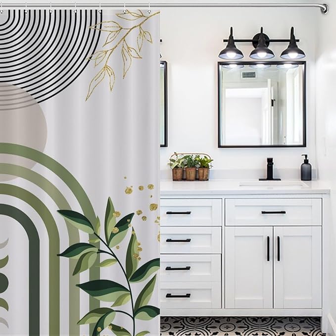 Boho Plant Shower Curtain,Mid Century Green Plant Leaves Shower Curtain Set for Bathroom,Bohemian Modern Abstract Minimalist Fabric Bath Curtain with Hooks,72x84Inch