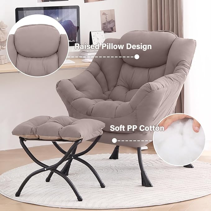 Tiita Modern Large Accent Chair with Ottoman, Comfy Leisure Sofa Armchair with Footrest, Reading Chair for Bedroom, Living Room, Dorm Rooms, Khaki