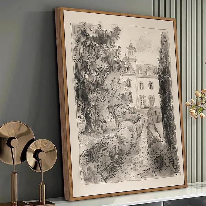 WALLZK Vintage Framed Wall Art French Country Sketch Canvas Prints Neutral Landscape Cottagecore Decor Pictures Artwork for Walls Living Room Bedroom Bathroom 16"x24"