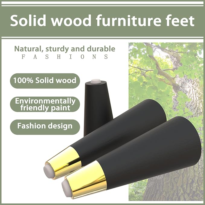 Round Solid Matte Black Rubberwood Replacement Sofa Couch Legs Chaise Lounge Ottoman Coffee Table Cabinet Furniture Wooden Legs Solid Wooden Furniture Legs (8-Inch Set of 4)