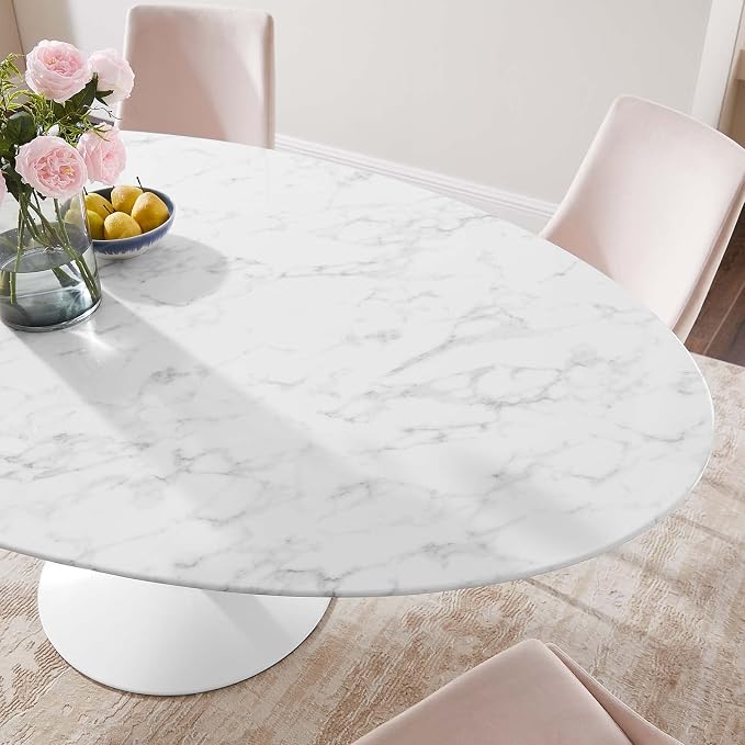 Modway Lippa 78" Oval-Shaped Mid-Century Modern Dining Table with Artificial Marble Top and White Base