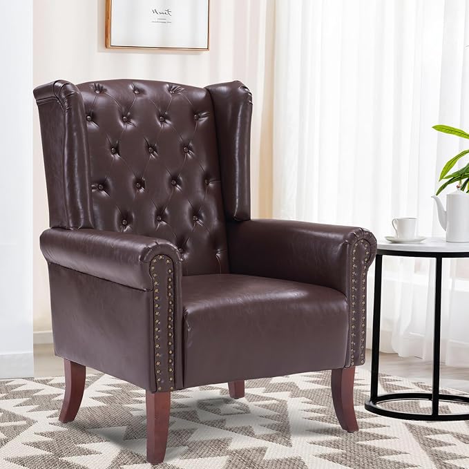PU Leather Accent Chair Modern Wingback Armchair Club Sofa Chair High Back Living Room Chair for Bedroom, Office, Lounge (Caramel)