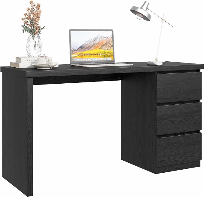 furtble Computer Desk with Drawers, 53.5 inches Wood Work Desk, Home Office Desks Workstation with Storage, Modern Gaming Computer Table for Bedroom, Living Room, Black