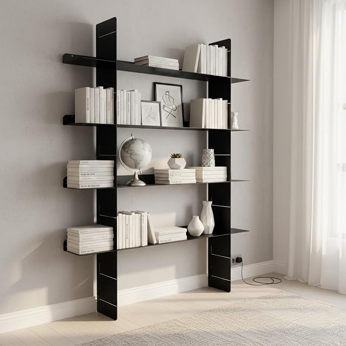 4 Tier Floating Wall Shelf, Metal Wall Mounted Book Shelf, Easy Install Metal Shelf, Heavy Duty Display Rack for Books, Decor, Bedroom, Living Room, Office (Black)