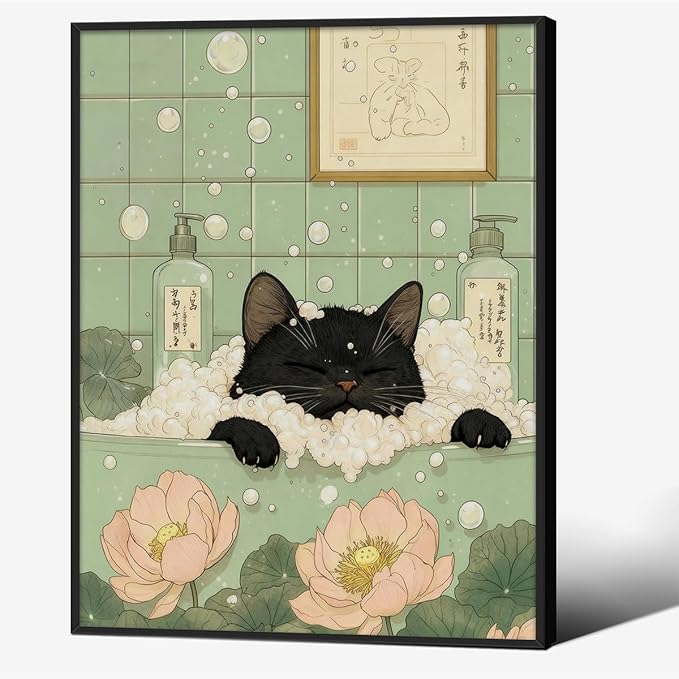 Black Cat in Bathtub Poster Vintage Japanese Bathroom Wall Art 08x10 inch Black Framed Funny Cute Animal Canvas Prints for Bedroom Restroom Toilet Wall Decor