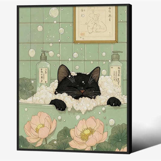 Black Cat in Bathtub Poster Vintage Japanese Bathroom Wall Art 08x10 inch Black Framed Funny Cute Animal Canvas Prints for Bedroom Restroom Toilet Wall Decor