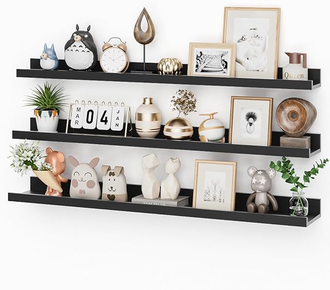 Heimlove 36 Inch Picture Ledge Shelf with Lip,Black Floating Shelves for Wall Set of 3,Long Wall Shelves in Varying Depths for Living Room,Bedroom,Nursery,Bookshelf
