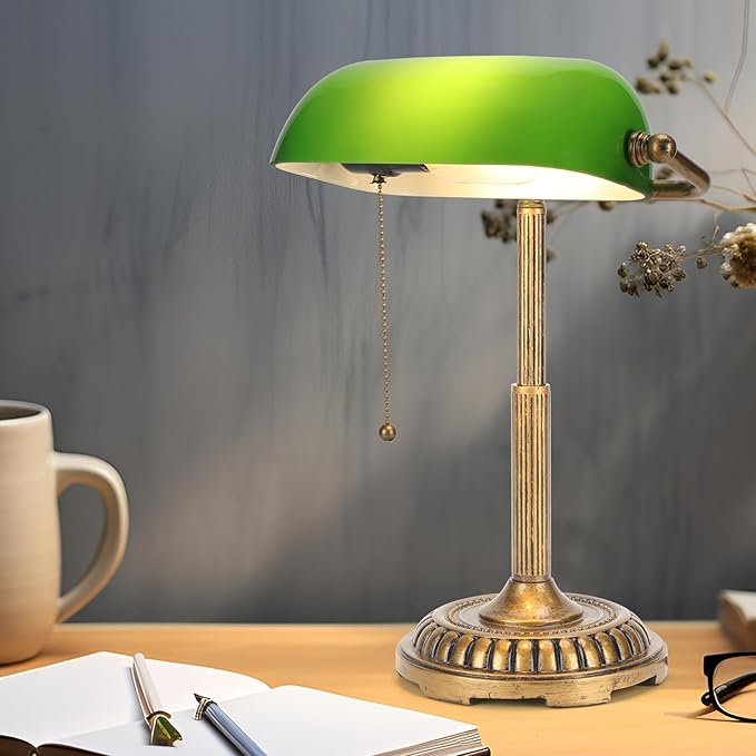 NISSAFORS Bankers Lamp, Green Desk Lamp with Pull Switch, Vintage Table Lamps for Home Office, Library, Piano (Green)