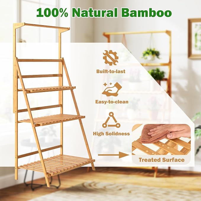 Giantex Plant Stand Indoor Outdoor - Bamboo 3-Tier Hanging Tall Ladder Flower Pot Display Organizer Rack w/Height Adjustable Rod, Folding Plant Shelf Holder for Living Room Corner Patio Garden Balcony